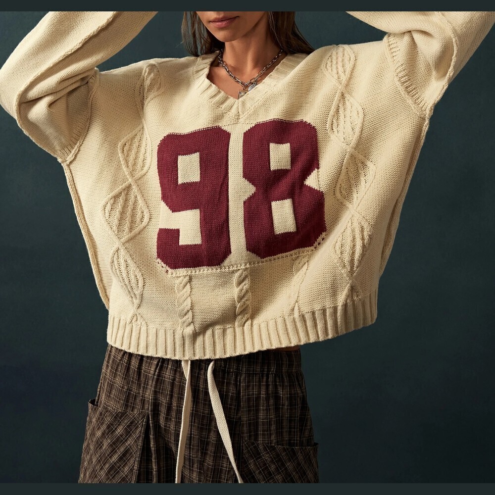 Cream Cable Knit Varsity Collegiate 98 Oversized V-Neck Sweater